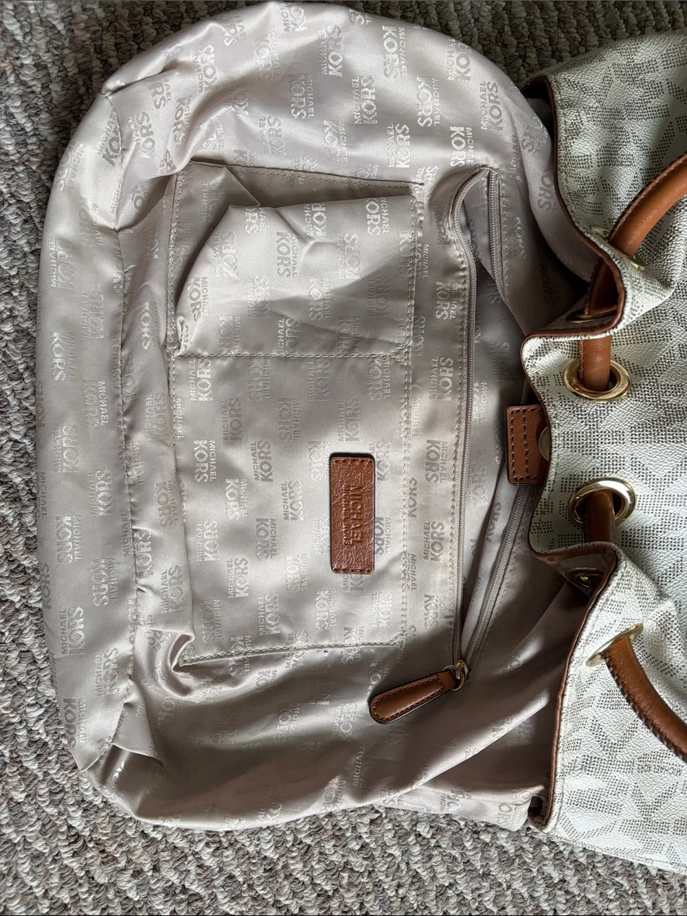 Michael Kors Cream MK Logo Ring Tote with Brown Leather Handles